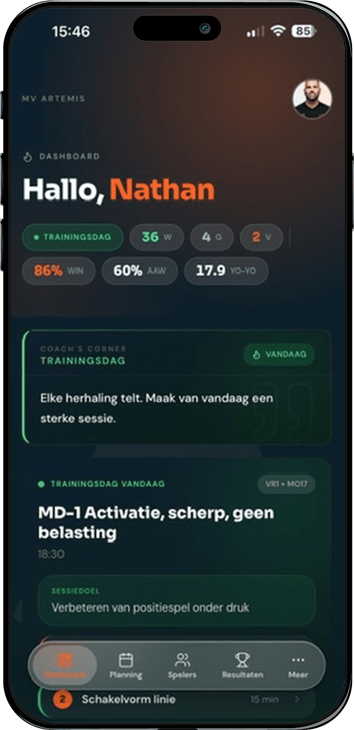 Nankaro dashboard met trainingsdag, seizoensstatistieken en trainingsplan